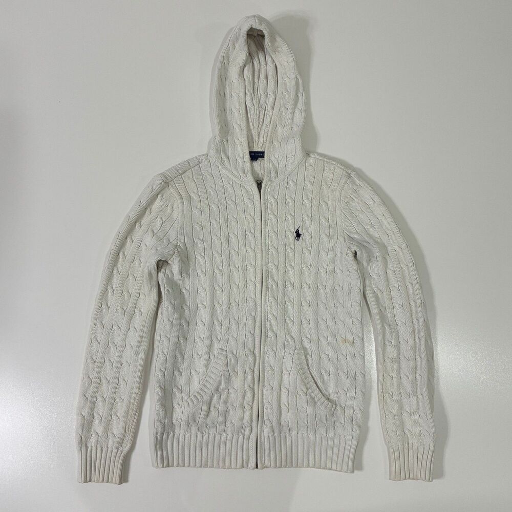Ralph Lauren Cable Knit Full Zip Hooded Sweater Cream M MSRP 85$